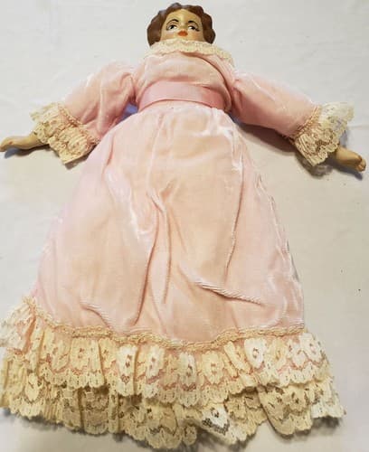 Vintage Beautiful Porcelain Girl Doll Painted Face Hoop Skirt Pink Dress - Image 1