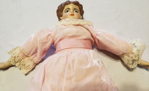 Vintage Beautiful Porcelain Girl Doll Painted Face Hoop Skirt Pink Dress - Thumbnail 3