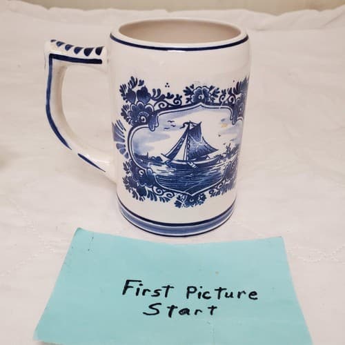 Delft Blue Windmill & Sailboat Hand Painted Beer Mug Stein - Image 1