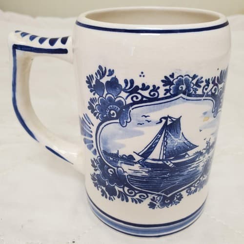 Delft Blue Windmill & Sailboat Hand Painted Beer Mug Stein - Thumbnail 2