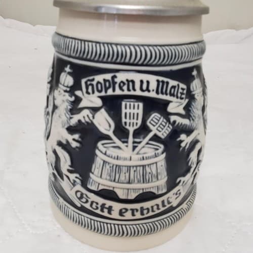 Handcrafted German Hopfen Und Malz Traditional Ceramic Beer Stein with Lid - Thumbnail 2