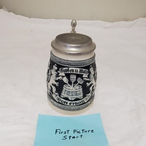 Handcrafted German Hopfen Und Malz Traditional Ceramic Beer Stein with Lid - Image 1