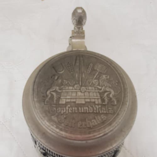 Handcrafted German Hopfen Und Malz Traditional Ceramic Beer Stein with Lid - Thumbnail 3