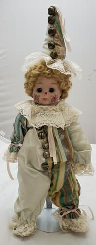 Vintage Porcelain Fashion Doll Multicolor Dress Brown Color Hair With Stand - Image 1