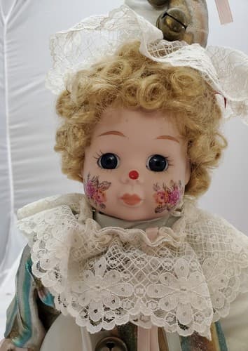 Vintage Porcelain Fashion Doll Multicolor Dress Brown Color Hair With Stand - Thumbnail 2