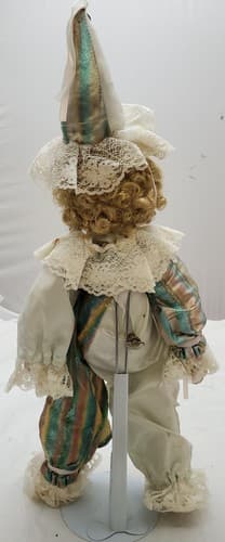 Vintage Porcelain Fashion Doll Multicolor Dress Brown Color Hair With Stand - Thumbnail 3