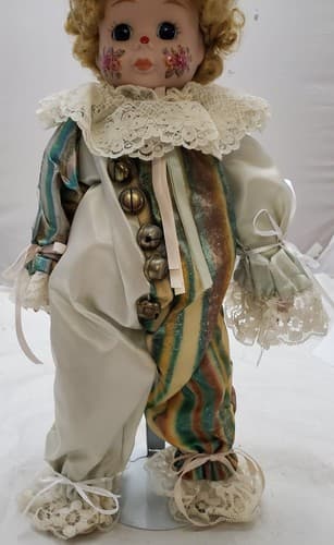 Vintage Porcelain Fashion Doll Multicolor Dress Brown Color Hair With Stand - Thumbnail 5