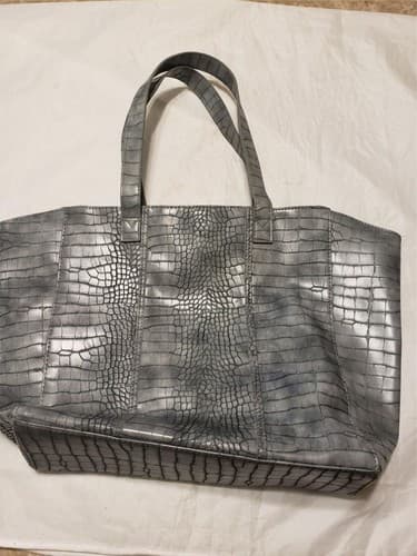 Neiman Marcus Pattern Faux Leather Shoulder Tote Snap Shopper Silver Women Bag - Image 1