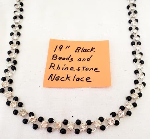 19" Black Beads and Rhinestone Link Chain Necklace - Thumbnail 2