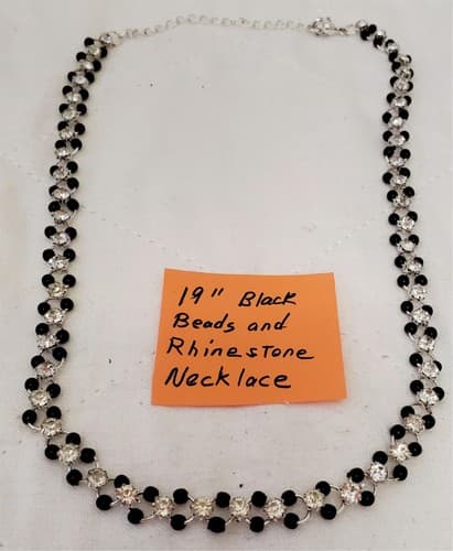 19" Black Beads and Rhinestone Link Chain Necklace - Thumbnail 3