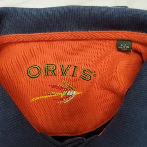 Orvis Men's Blue Short Sleeve Size L-T Polo Shirt with Orange Collar - Thumbnail 3