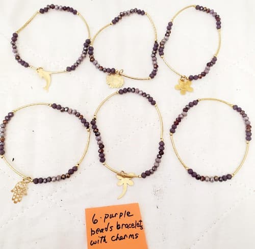 Lot of 6 Purple Beads Bracelet with Charms - Thumbnail 2