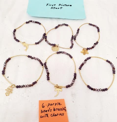 Lot of 6 Purple Beads Bracelet with Charms - Image 1