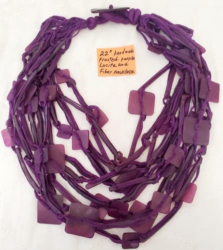 22" Hand Made Frosted Purple Lucite and Fiber Necklace - Thumbnail 2