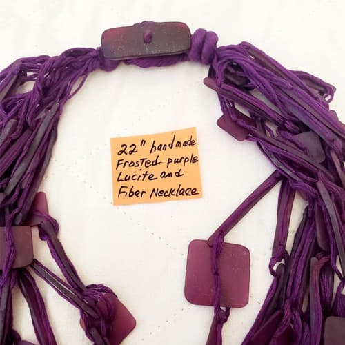 22" Hand Made Frosted Purple Lucite and Fiber Necklace - Thumbnail 3