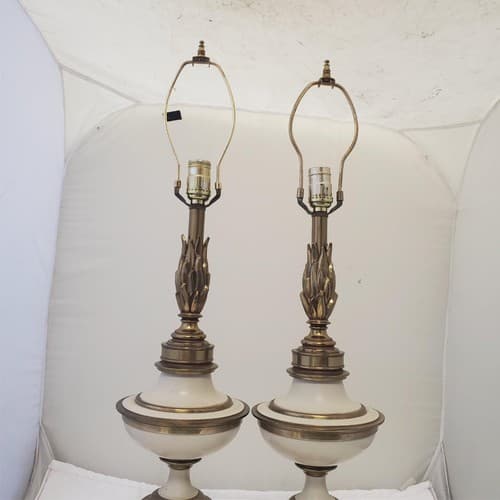 Vintage Stiffel Solid Brass Flame Urn Trophy Ivory Enamel Lamp V - Thumbnail 6