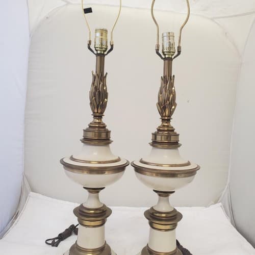 Vintage Stiffel Solid Brass Flame Urn Trophy Ivory Enamel Lamp V - Thumbnail 5