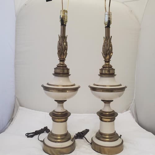 Vintage Stiffel Solid Brass Flame Urn Trophy Ivory Enamel Lamp V - Thumbnail 7