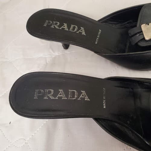 Prada 2000's Black Kitten Mule Heels with Silver Keychain Toe Strap - Thumbnail 2