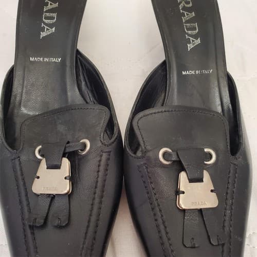 Prada 2000's Black Kitten Mule Heels with Silver Keychain Toe Strap - Thumbnail 4