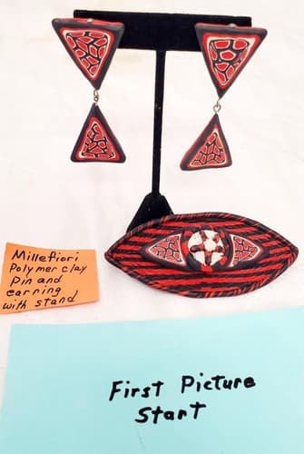 Millefiori Polymer Clay Pin and Earrings with Stand - Image 1