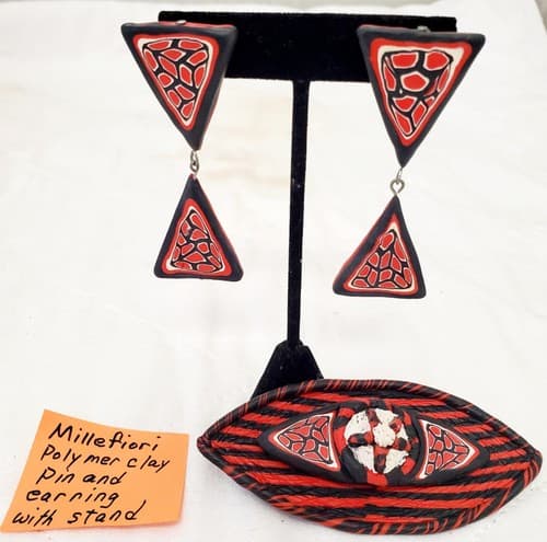 Millefiori Polymer Clay Pin and Earrings with Stand - Thumbnail 2