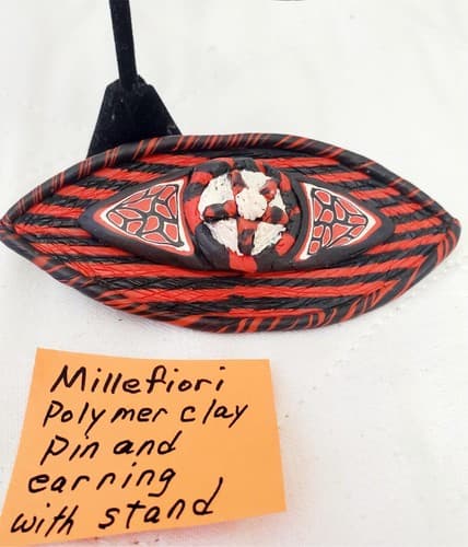 Millefiori Polymer Clay Pin and Earrings with Stand - Thumbnail 3