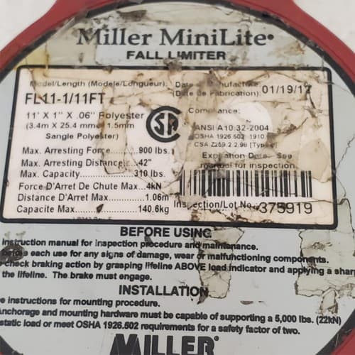 Miller MiniLite FL11-1/11ft Fall Limiter with Safety Harness LOT-793 - Thumbnail 5