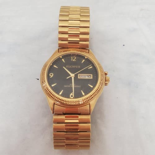 Vintage ELGIN FCT002 Gold Mens Quartz Watch with Day & Date - Thumbnail 2