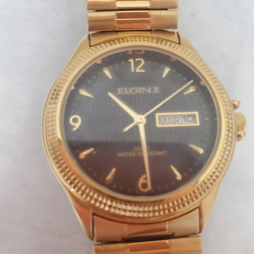 Vintage ELGIN FCT002 Gold Mens Quartz Watch with Day & Date - Thumbnail 3