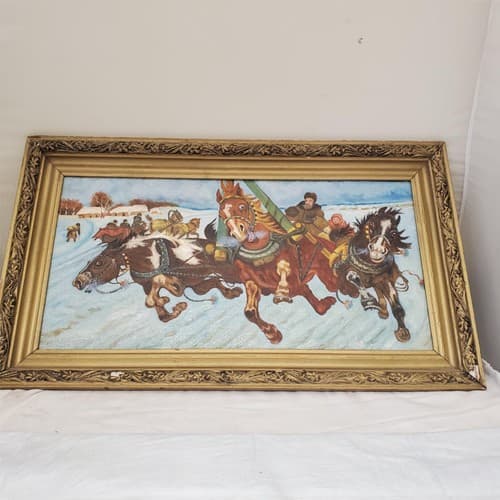 Vintage Winter Horse Sleigh Painting in Ornate Gold Frame - Thumbnail 2