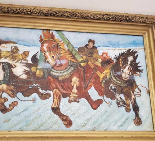 Vintage Winter Horse Sleigh Painting in Ornate Gold Frame - Thumbnail 4