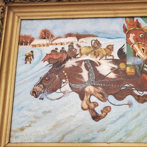 Vintage Winter Horse Sleigh Painting in Ornate Gold Frame - Thumbnail 3
