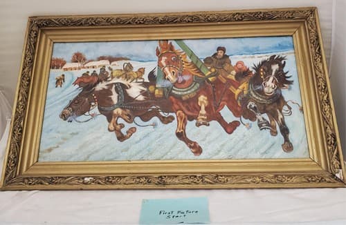 Vintage Winter Horse Sleigh Painting in Ornate Gold Frame - Image 1
