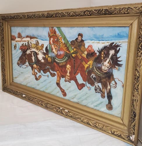 Vintage Winter Horse Sleigh Painting in Ornate Gold Frame - Thumbnail 6