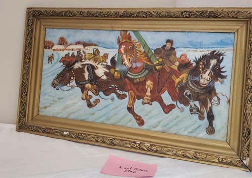 Vintage Winter Horse Sleigh Painting in Ornate Gold Frame - Thumbnail 8