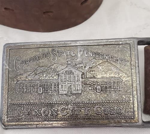Vintage Leather Belt with Colorado State Penitentiary Canon City Colorado Buckle - Thumbnail 3