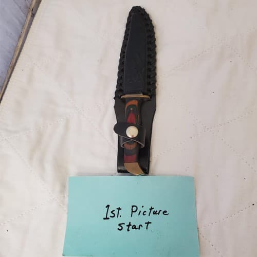 Fixed Hunting Knife Wood Layered Handle Leather Sheath - Image 1