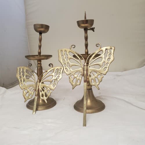 Vintage Asian Brass Candlestick Holder With Butterfly Screen Reflector 21” Tall - Thumbnail 2