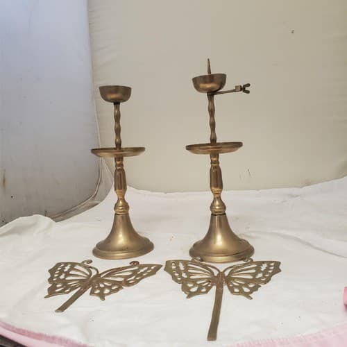 Vintage Asian Brass Candlestick Holder With Butterfly Screen Reflector 21” Tall - Thumbnail 3