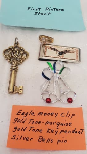 Gold Tone Eagle Money Clip, Marquise Gold Tone Key Pendant & Silver Bells Brooch - Image 1