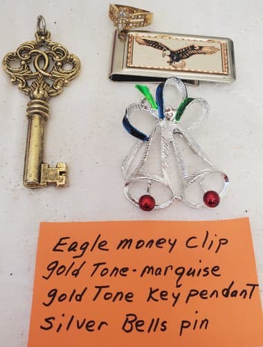Gold Tone Eagle Money Clip, Marquise Gold Tone Key Pendant & Silver Bells Brooch - Thumbnail 2
