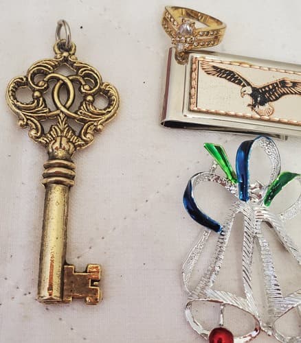 Gold Tone Eagle Money Clip, Marquise Gold Tone Key Pendant & Silver Bells Brooch - Thumbnail 3