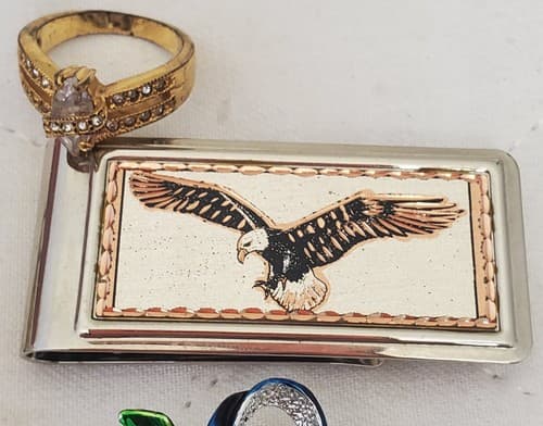 Gold Tone Eagle Money Clip, Marquise Gold Tone Key Pendant & Silver Bells Brooch - Thumbnail 5