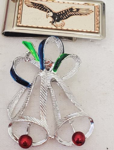 Gold Tone Eagle Money Clip, Marquise Gold Tone Key Pendant & Silver Bells Brooch - Thumbnail 6
