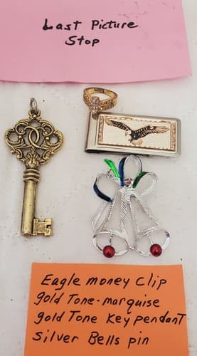 Gold Tone Eagle Money Clip, Marquise Gold Tone Key Pendant & Silver Bells Brooch - Thumbnail 7