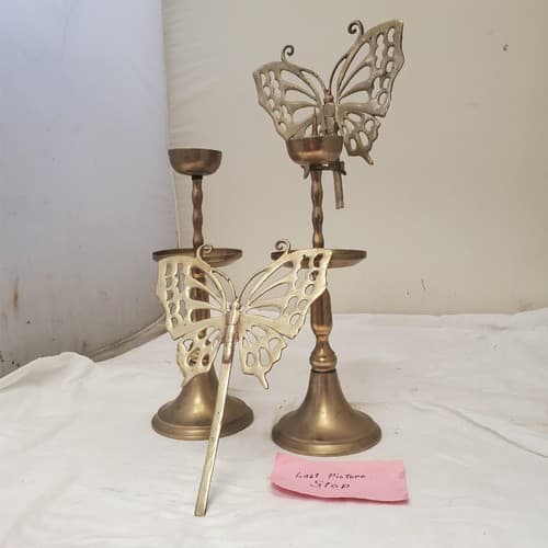 Vintage Asian Brass Candlestick Holder With Butterfly Screen Reflector 21” Tall - Thumbnail 4