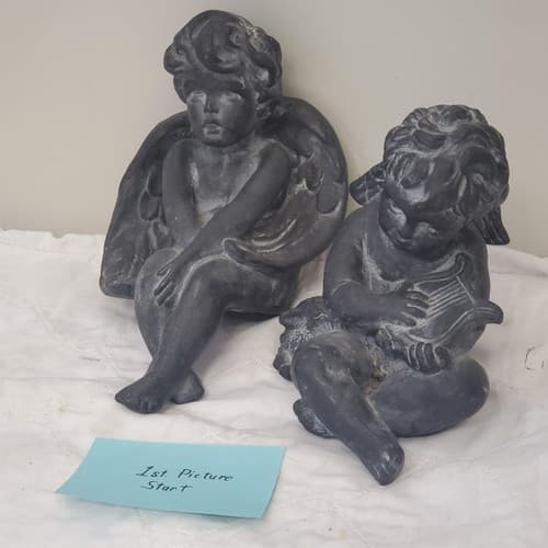 Pair of Black Angel Figurines Harp & Seated Cherub Statues - Image 1