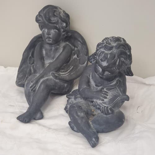 Pair of Black Angel Figurines Harp & Seated Cherub Statues - Thumbnail 2