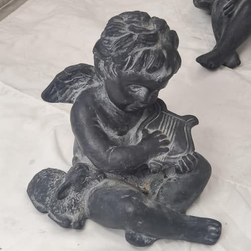 Pair of Black Angel Figurines Harp & Seated Cherub Statues - Thumbnail 3
